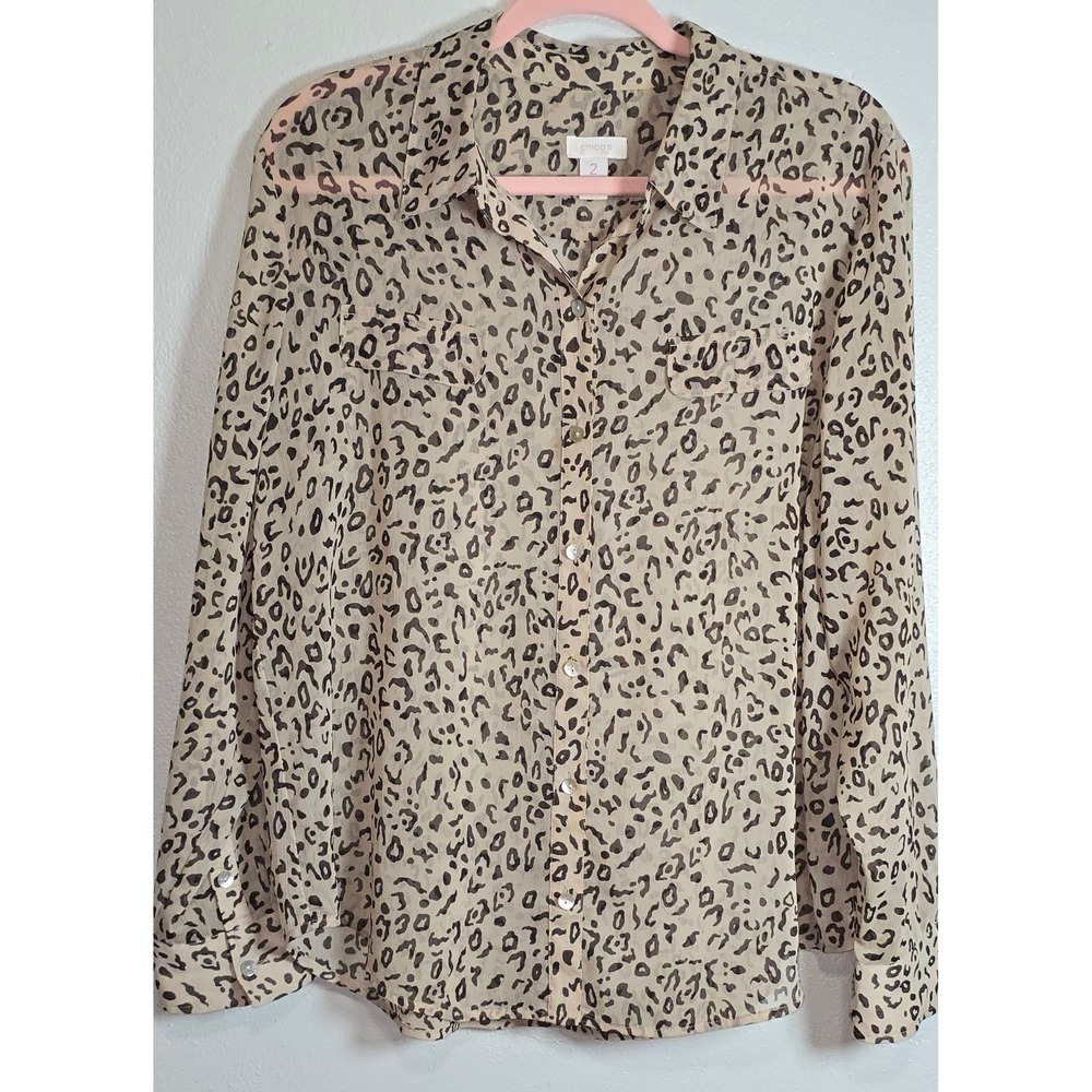 Chicos Leopard Print Button Down Blouse Tan Black Animal Print Size 2 Large
